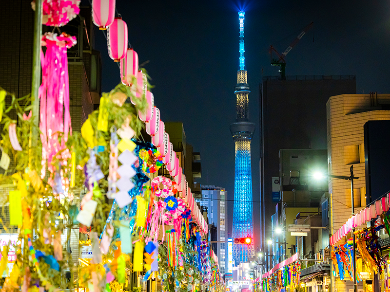 夜空を彩る東京スカイツリーのライトアップ